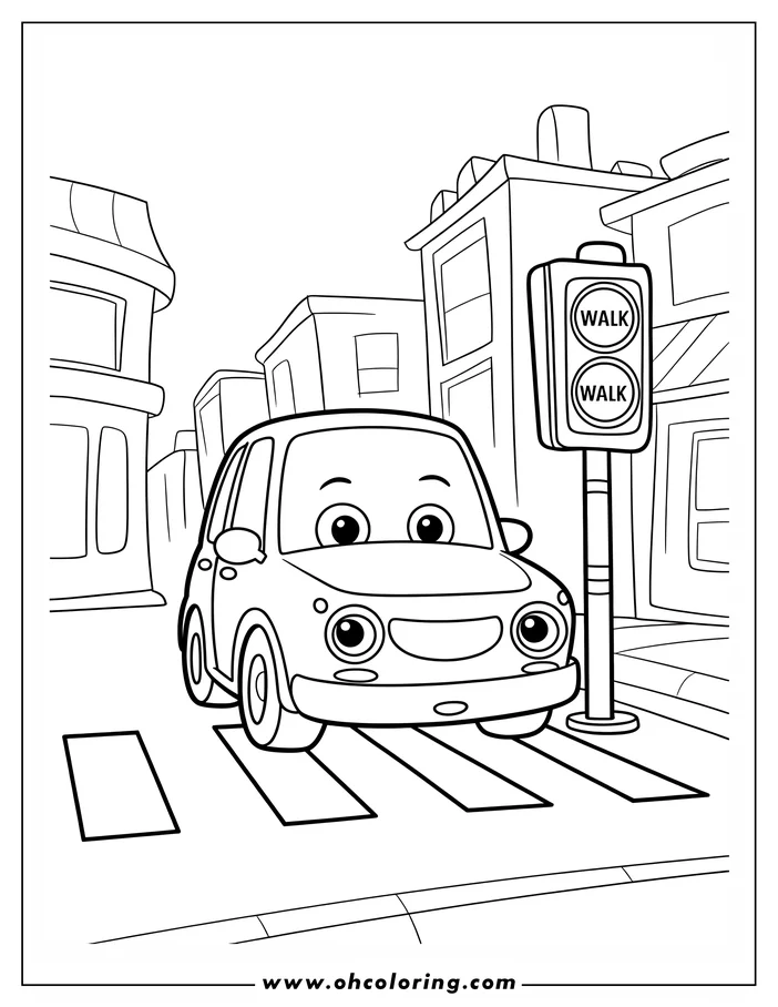 Outline of a cartoon car waiting patiently at a crosswalk. A "WALK" sign is visible beside it, and buildings line the street.