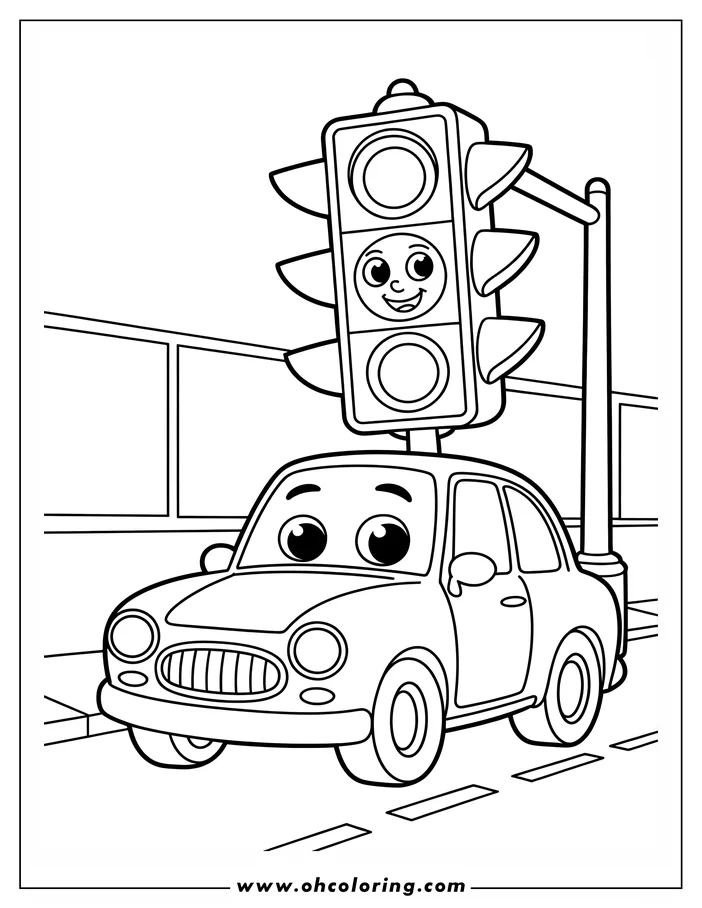 Line art of a car waiting at a traffic light with a friendly face