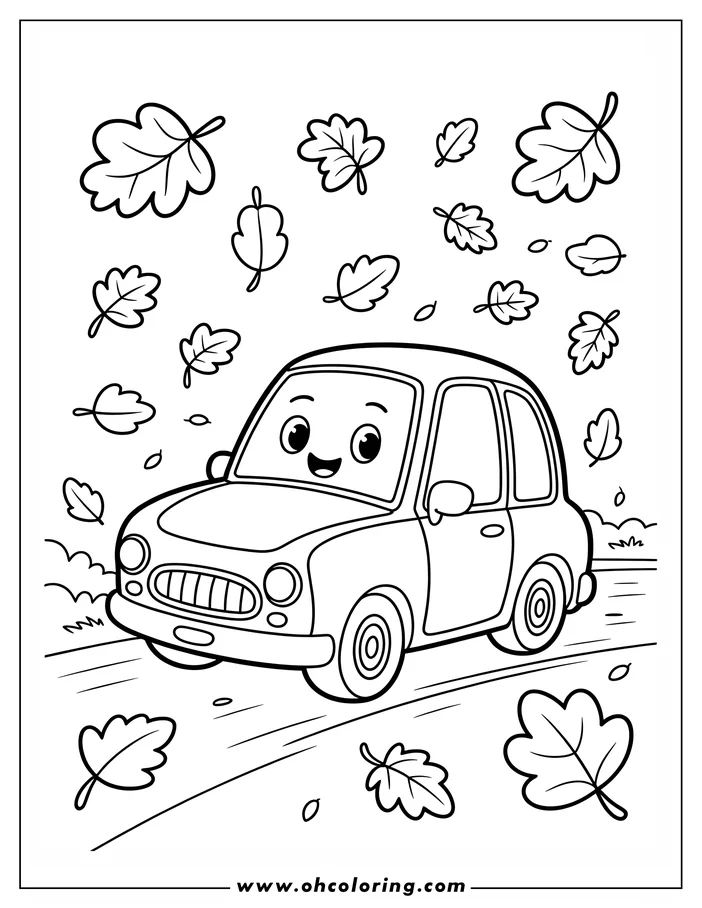 Line art of a cheerful car driving through falling autumn leaves.