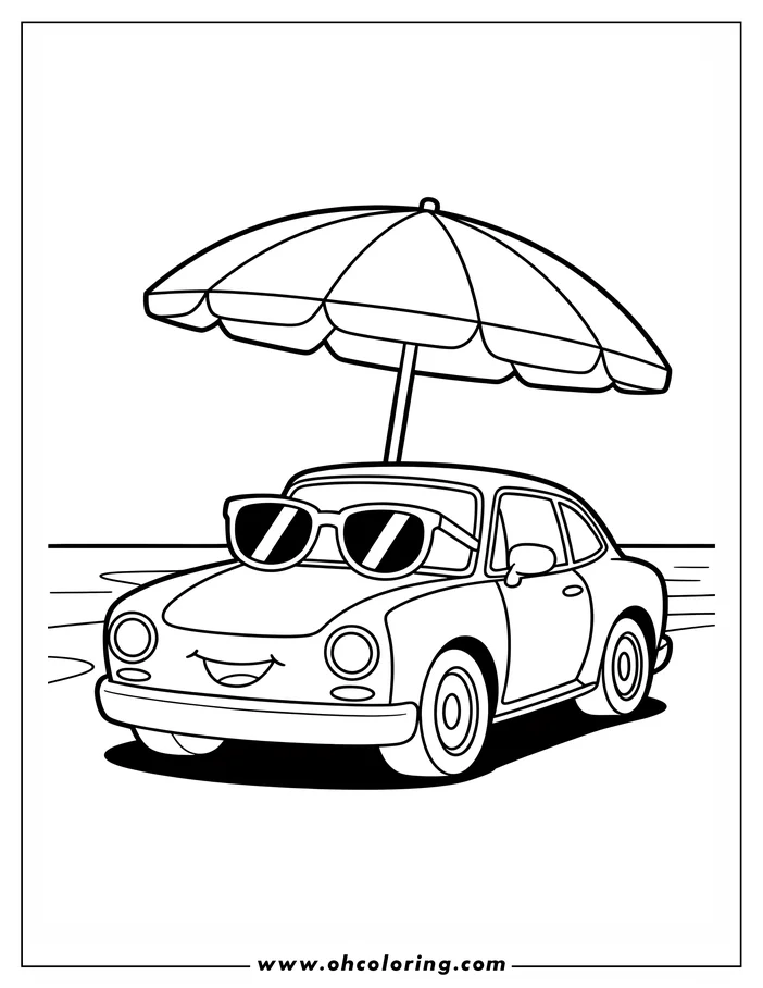 Outline of a cartoon car with a beach umbrella on the beach. The car is wearing sunglasses and smiling.