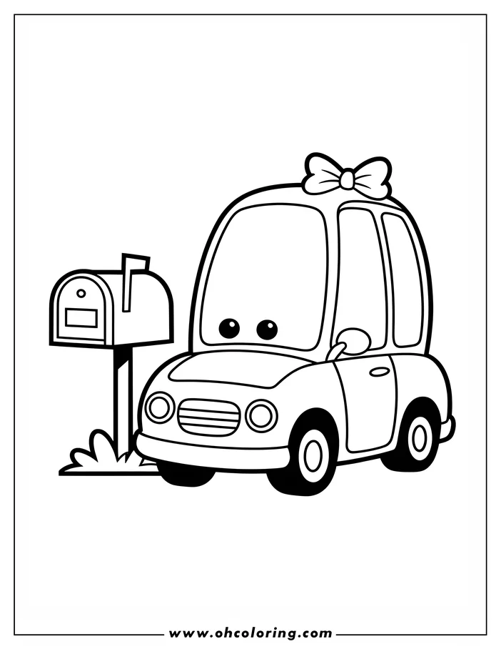 Outline of a cute car parked beside a mailbox. The car has a bow and a friendly face.