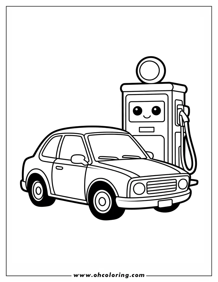 Line art of a car at a gas station. The gas pump has a friendly face.