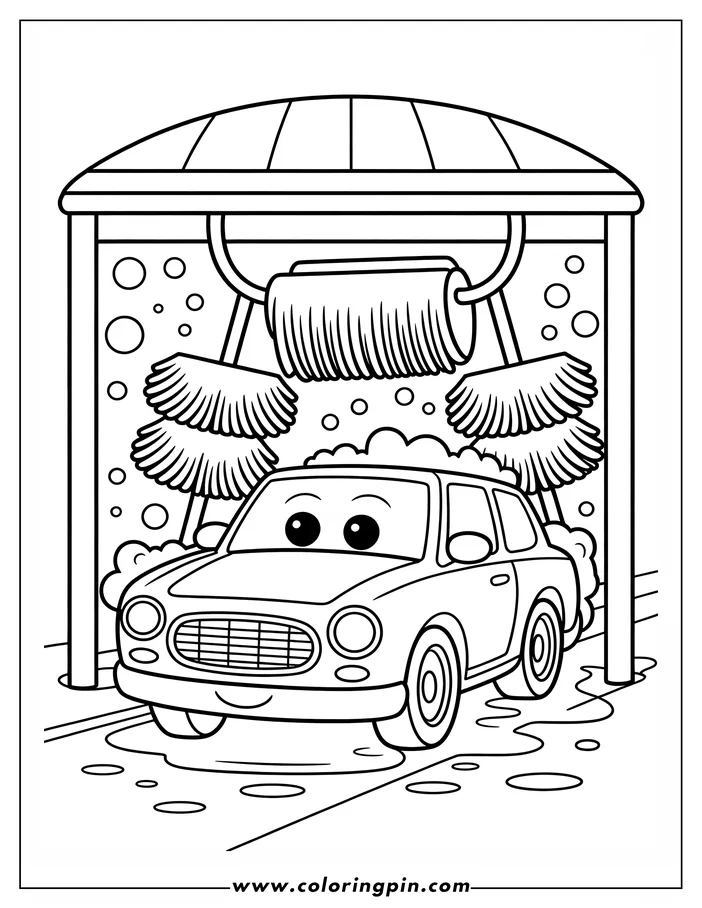 Outline of a cute cartoon car getting a wash in a carwash with brushes and soap suds. Puddles gather below.