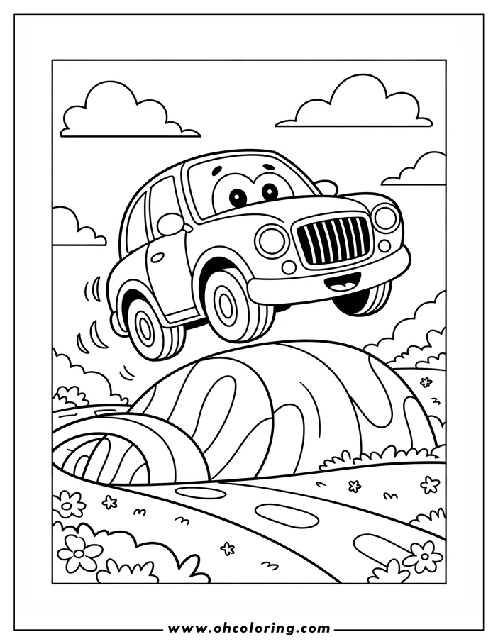 Line art of a cartoon car jumping over a hill. A road and flowers are visible below, with clouds in the sky.