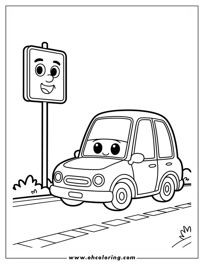 Outline of a cute car driving on a road with a happy road sign