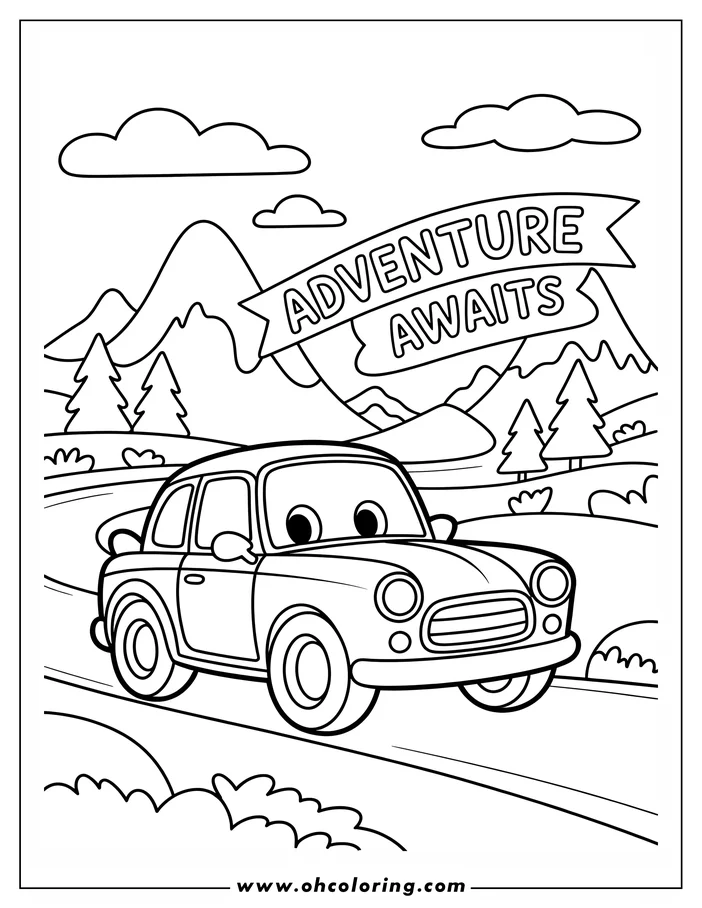 Outline of a cartoon car driving on a winding road toward mountains, with a banner that says "Adventure Awaits."