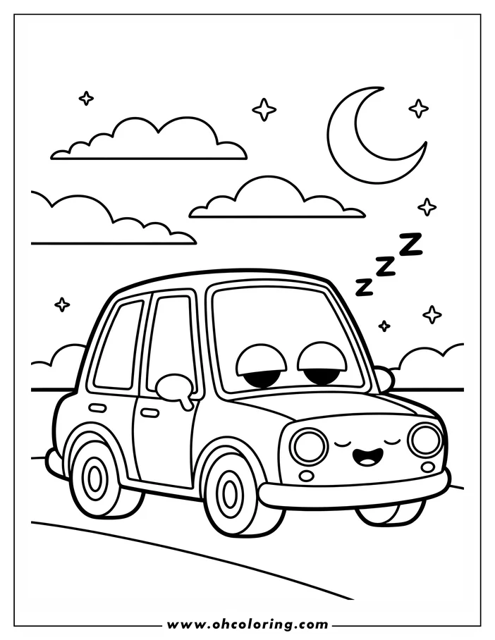 Line art of a cute car sleeping at night. The car is on a road, and there are clouds, a crescent moon, and stars in the sky.