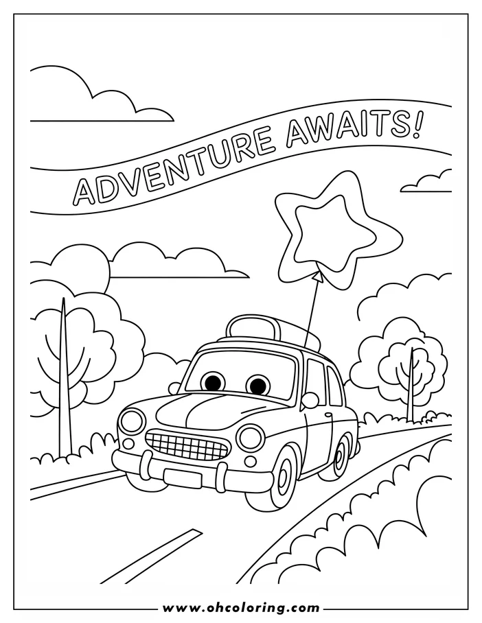Line art of a car driving down a road with a star balloon attached to its roof. There are trees and clouds in the background, and a banner reading 'Adventure Awaits!'.