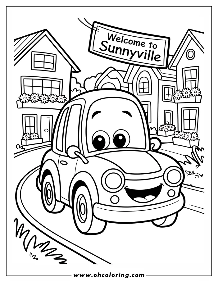 Outline of a smiling car driving into Sunnyville, a town with houses and flower boxes.