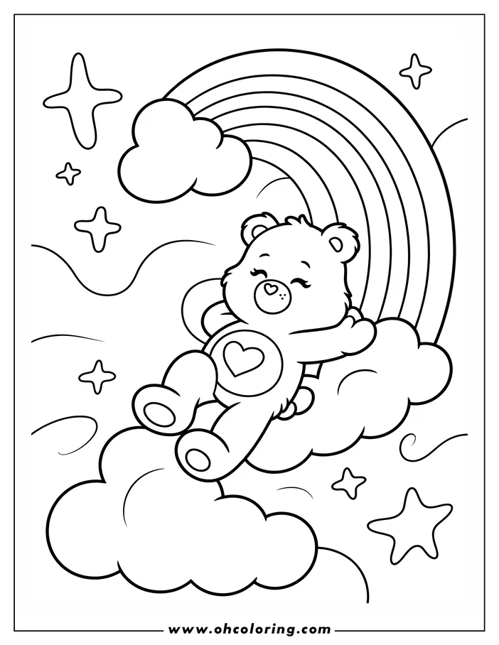 Outline of a Care Bear sleeping on a fluffy cloud underneath a rainbow, surrounded by stars.