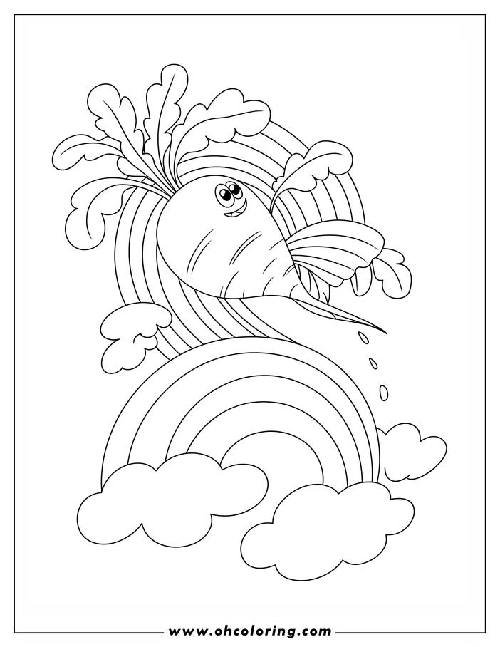 Line art depicting a cartoon carrot with a smiling face set against a rainbow and fluffy clouds, designed as a coloring page.