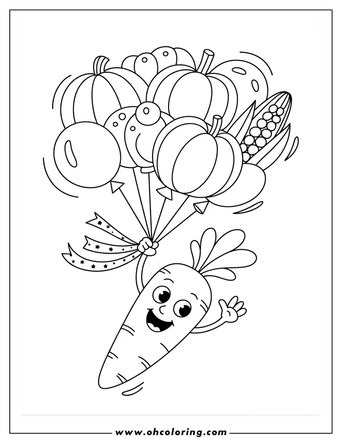 A cheerful cartoon carrot, holding a bunch of balloons shaped like pumpkins, squash, and corn. Also included are traditional round balloons and ribbons tied to the stems. The carrot has large, expressive eyes and a smiling mouth, waving with one hand. This simple line art illustration is presented as a coloring sheet design for kids.