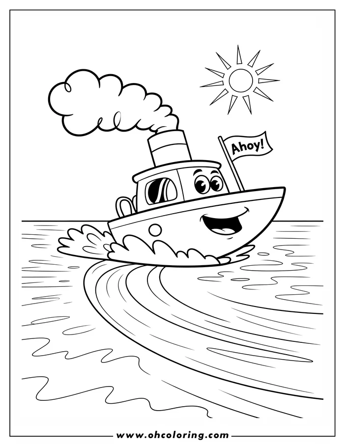 A cartoon boat with a happy expression cruises on the water, leaving a wake.  There's an "Ahoy!" flag and smoke puffing from its smokestack.