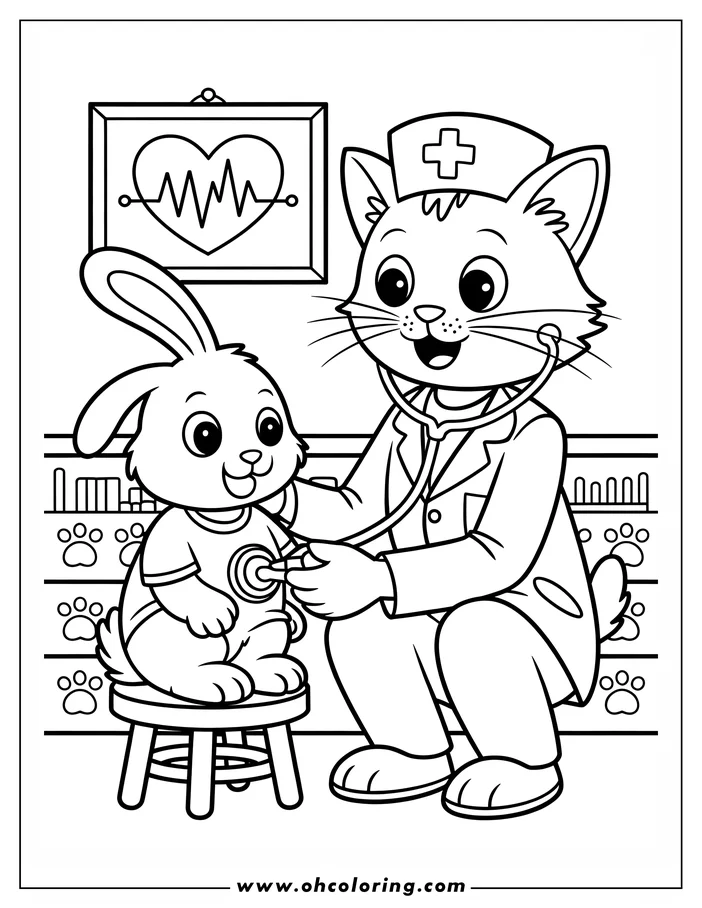 Line art of a cat doctor examining a bunny patient with a stethoscope.  A heart monitor is visible in the background of the doctor's office.