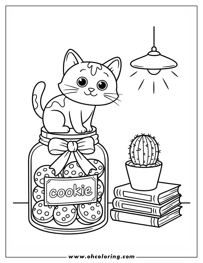 A cat sitting on a cookie jar with books and a cactus nearby