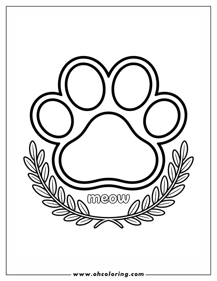 Outline of a cat paw print with a decorative wreath and the word 'meow'.