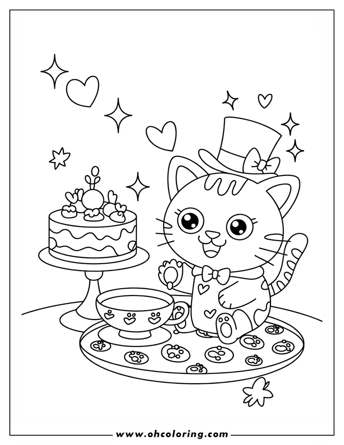 An outlined illustration of a cute cat at a tea party, with a cake, a cup of tea, and cookies on a tray.