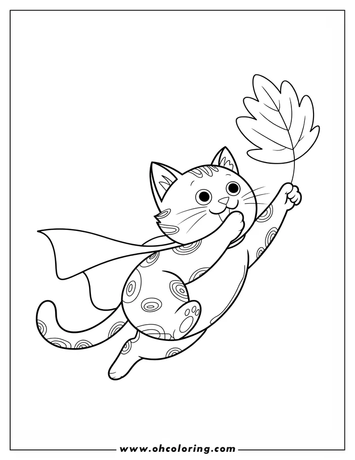 Line art of a cat holding a leaf and wearing a cape.