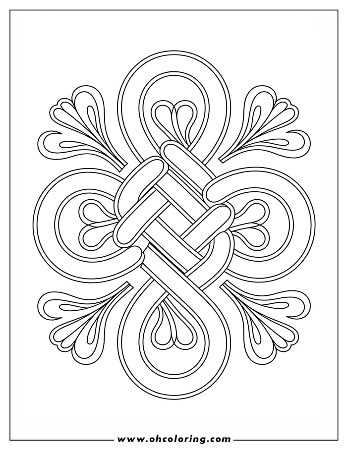 Intricate line art of a Celtic knot, featuring interwoven loops and stylized leaf-like flourishes, suitable for a St. Patrick's Day coloring page.