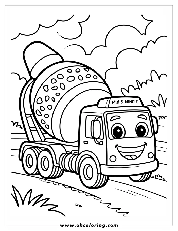 Line art of a happy cement mixer truck driving on a road, with grass visible on the sides.