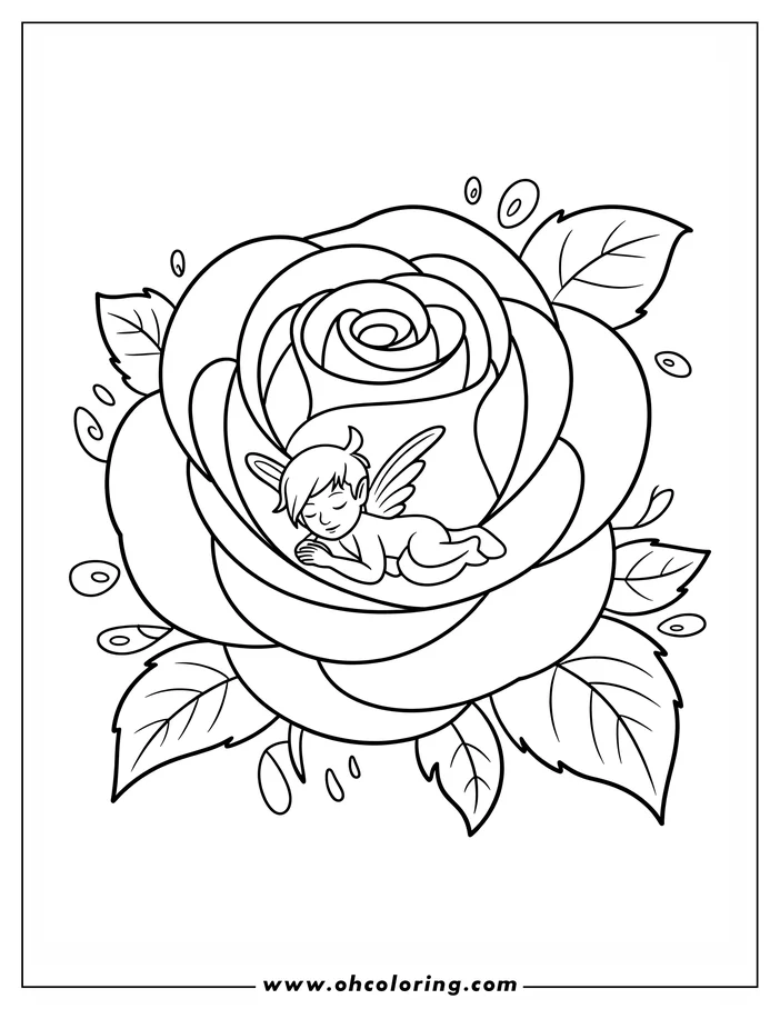 Line art of a cherub sleeping peacefully inside a large rose blossom. The cherub has small wings and a serene expression. Simple leaves surround the rose, creating a tranquil scene ready for coloring.