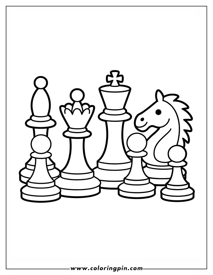 Line art of various chess pieces, including a knight, king, queen, rook, and pawns.