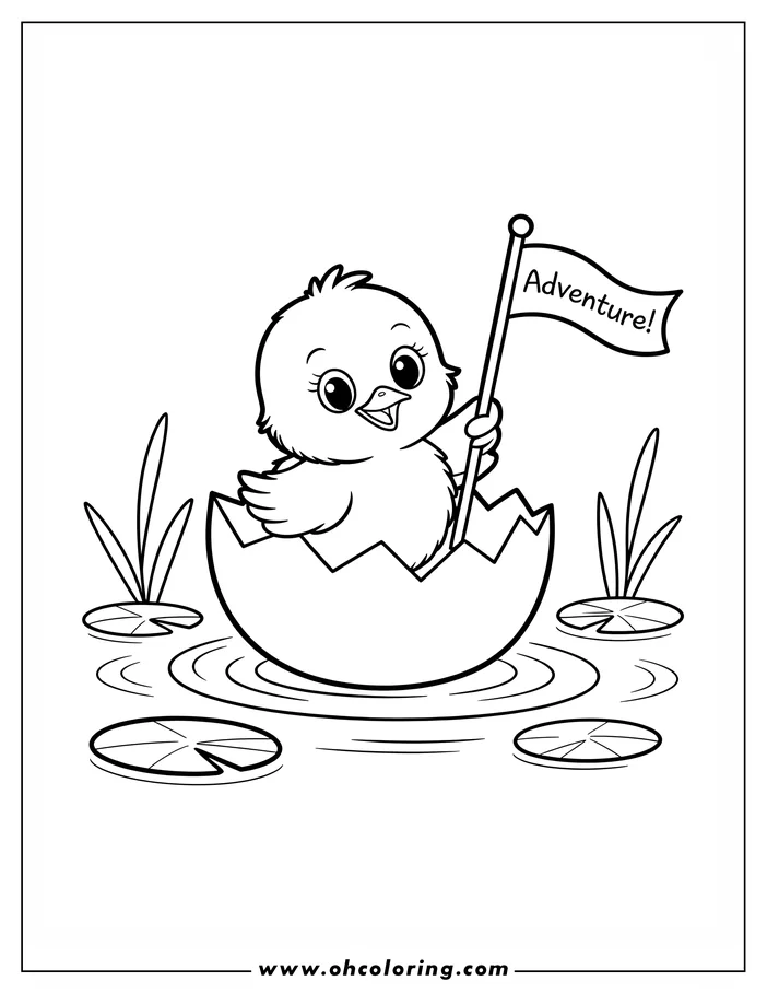 Line art of a baby chick sitting in its cracked eggshell, floating on a pond. The chick holds an "Adventure!" flag and looks excited. Lily pads and reeds surround the eggshell boat. This is a coloring sheet design.