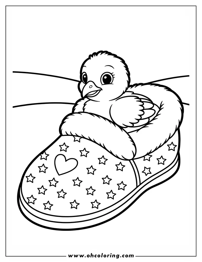 A baby chick nestled in a decorated slipper.
