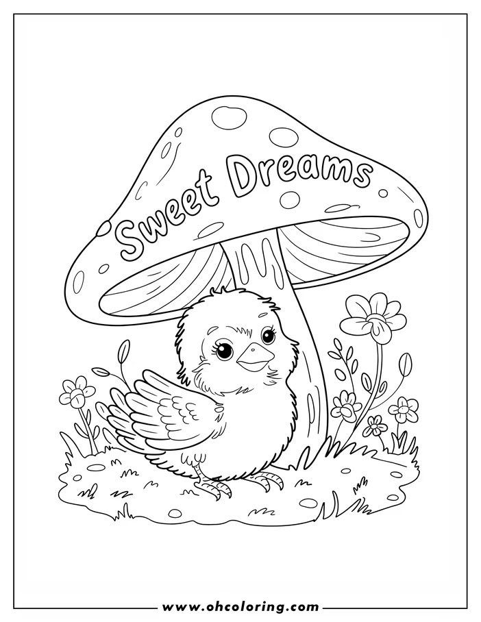 Outline of a baby chick standing under a large mushroom with 'Sweet Dreams' on the cap, surrounded by flowers and grass.