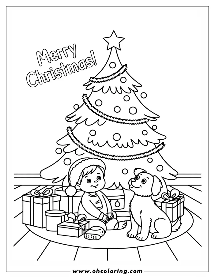 Line art of a child and puppy sitting beneath a decorated Christmas tree with gifts. The child wears a Santa hat and the puppy looks up at the child.