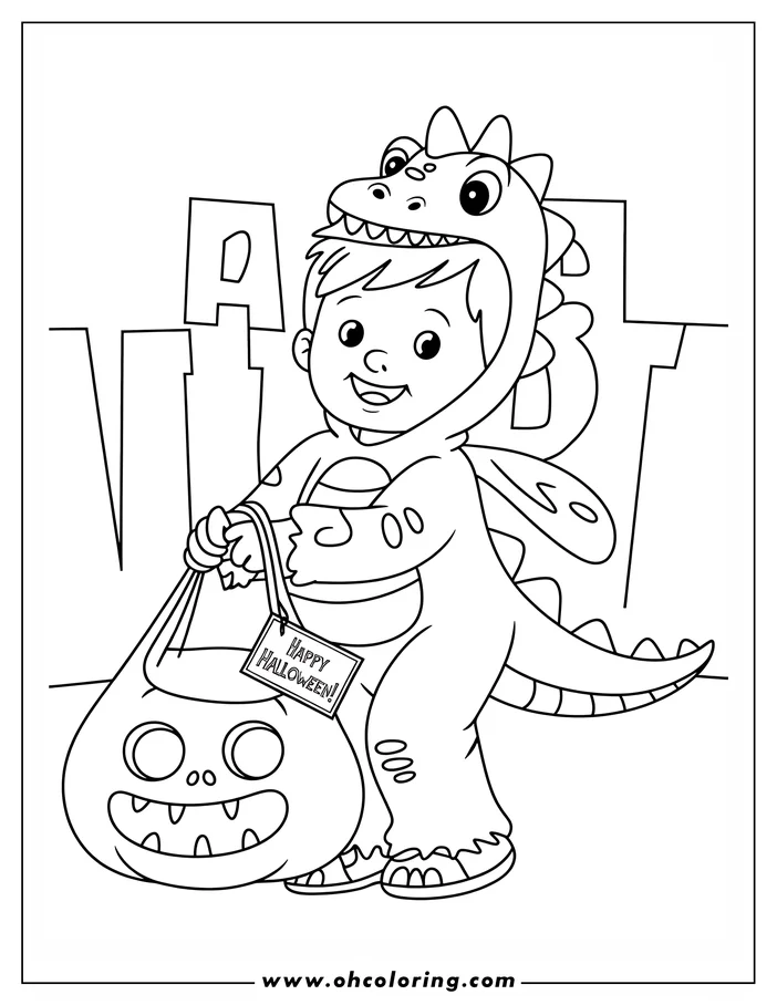 Line art of a child in a dragon costume holding a Halloween trick-or-treat bag.