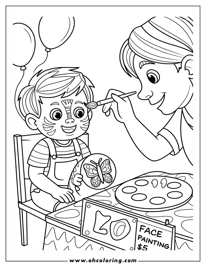 Line art of a child getting their face painted at the zoo. They are holding a butterfly image while another person paints their face.