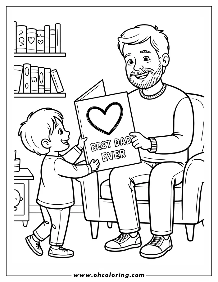 Line art of a child giving their father a Father's Day card. The child is standing and offering the card, which has a heart and the words 'Best Dad Ever' written on it. The father is seated and smiling. There's a bookshelf and a small table in the background. This is a drawing designed for a coloring page.