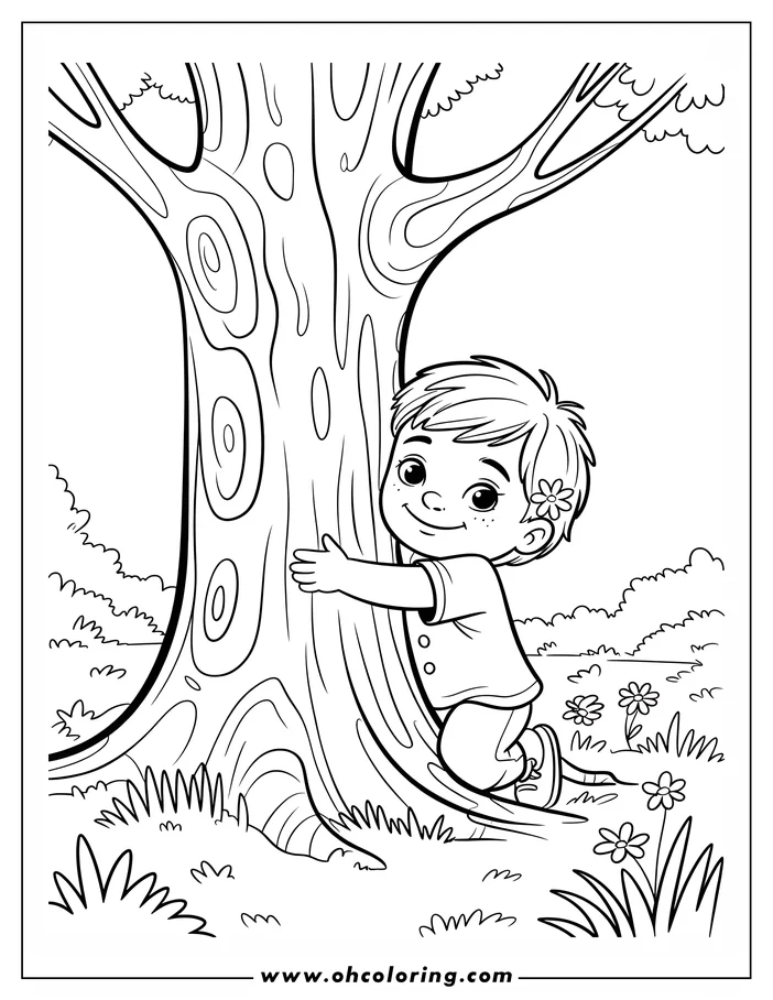 Line art of a child hugging a tree trunk, surrounded by grass and wildflowers, in a simple coloring sheet design suitable for Earth Day.