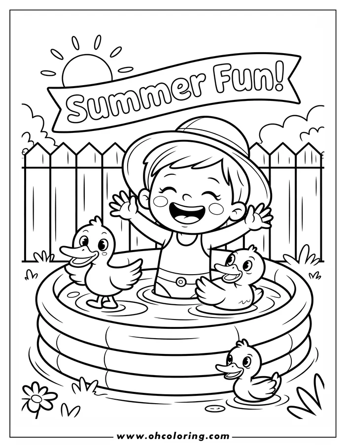 Line art of a child wearing a sun hat, playing with two ducklings in a kiddie pool. A third duckling sits outside the pool. A fence, grass, and flowers are visible in the background.