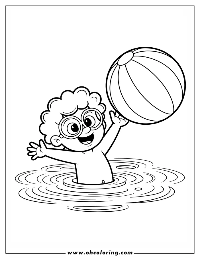Line art of a child with curly hair and round glasses, playing with a beach ball while submerged in shallow water.  The child's playful expression and the ripples in the water add to the summertime scene. This drawing is designed as a coloring sheet.