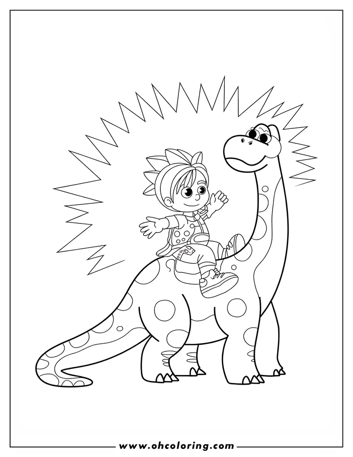 Line art of a child riding a spotted dinosaur