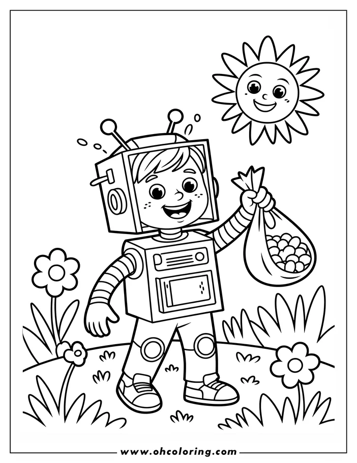 Line art of a child wearing a robot costume and trick-or-treating, holding a bag of candy, in a field with flowers and a smiling sun.