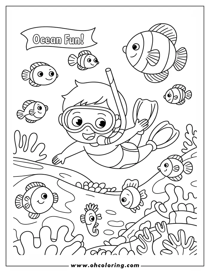 Line art of a child snorkeling underwater with clownfish, coral, and a seahorse.