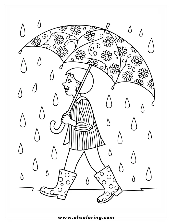 Line art of a child walking in the rain with an umbrella. The umbrella is decorated with flowers, and the child is wearing rain boots.