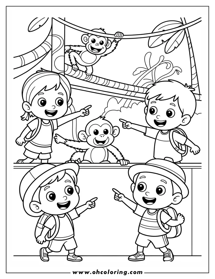 Four children with backpacks point at two monkeys at the zoo. One monkey hangs from a rope, and the other sits on a wall. Palm trees form the backdrop.
