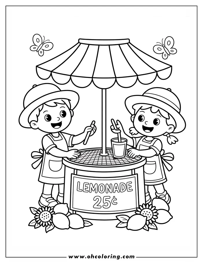 Line art of two children at their lemonade stand. They're wearing aprons and hats and are standing behind a round table with a large umbrella. Lemons and sunflowers are at the base of their stand.