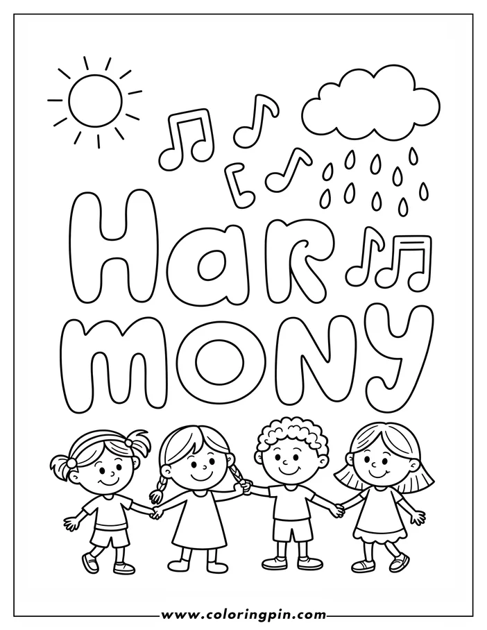Four children holding hands and smiling beneath a cloud, musical notes, and the word 'Harmony'.