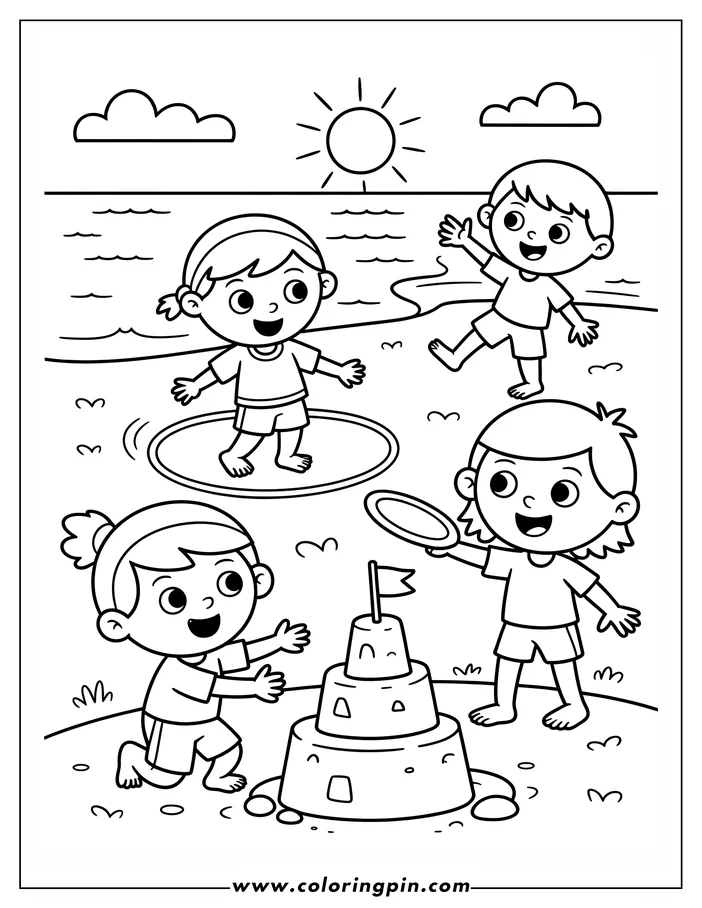 Line art of four children playing at the beach. One child stands inside a circle drawn in the sand, another waves, a third holds a frisbee, and the fourth child kneels by a sandcastle. The sea is in the background beneath a sun and cloud.
