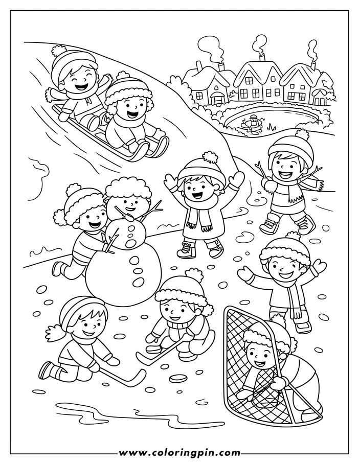 Line art of children engaged in winter activities such as sledding, building a snowman, and playing hockey. A winter village with houses and a pond can be seen in the background.