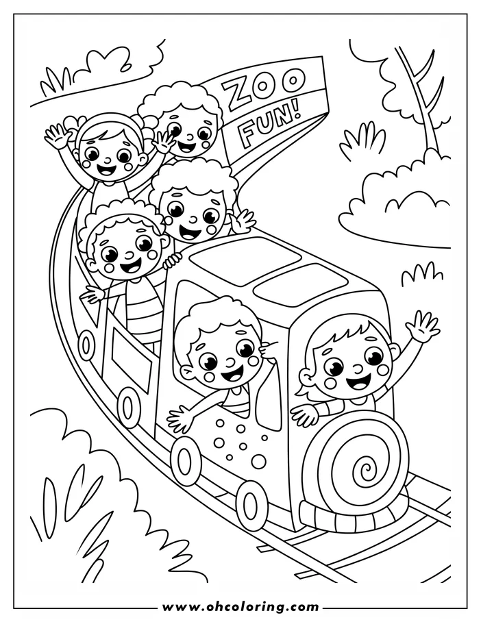 Line art of four children riding a train at the zoo. They are waving excitedly as the train moves along the track. A sign overhead says "Zoo Fun!"