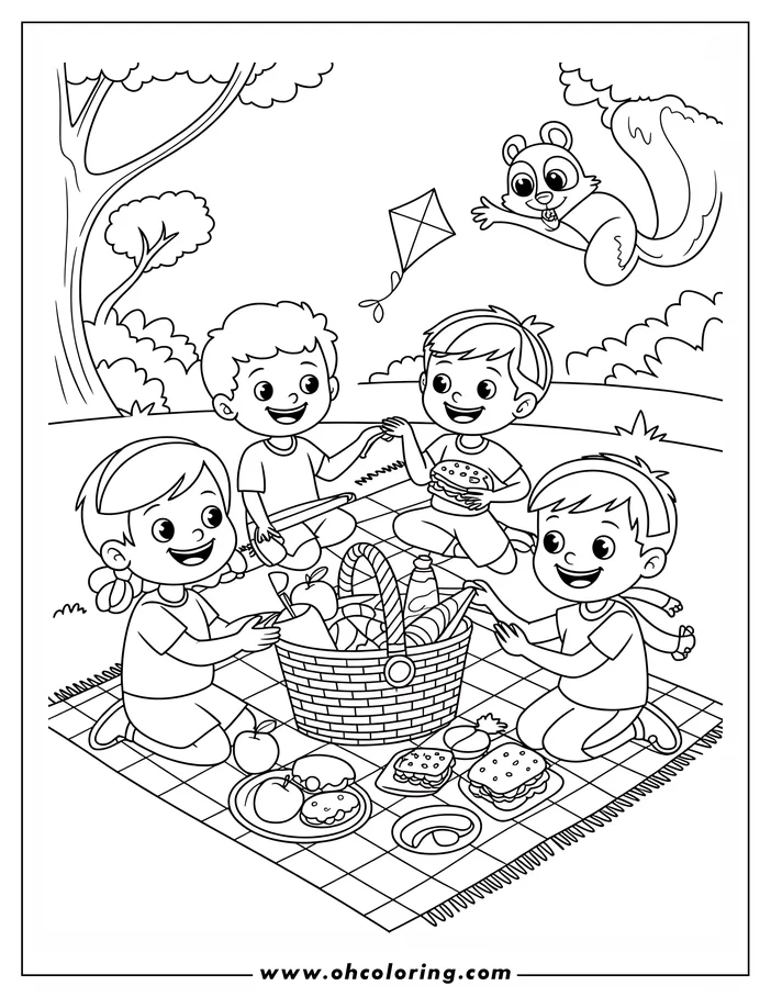 Line art of four children enjoying a summer picnic on a blanket. There's a picnic basket full of treats, a squirrel in a tree reaching for a kite, and the children have happy expressions.