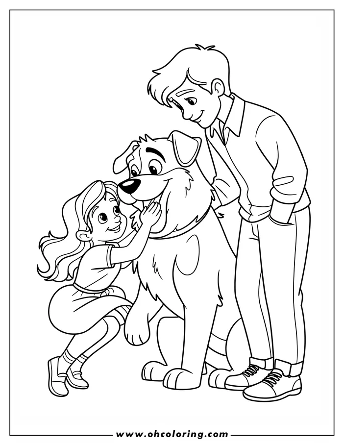 Line art illustration of a girl and boy showing affection to their dog.  The girl is crouched down petting the dog's chin while the boy pets the top of its head. The dog has a happy expression as it stands between the two children.