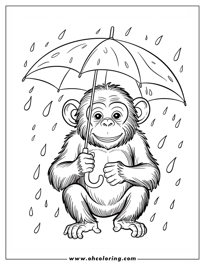 Outline of a chimpanzee sitting and holding an umbrella while raindrops fall around it.