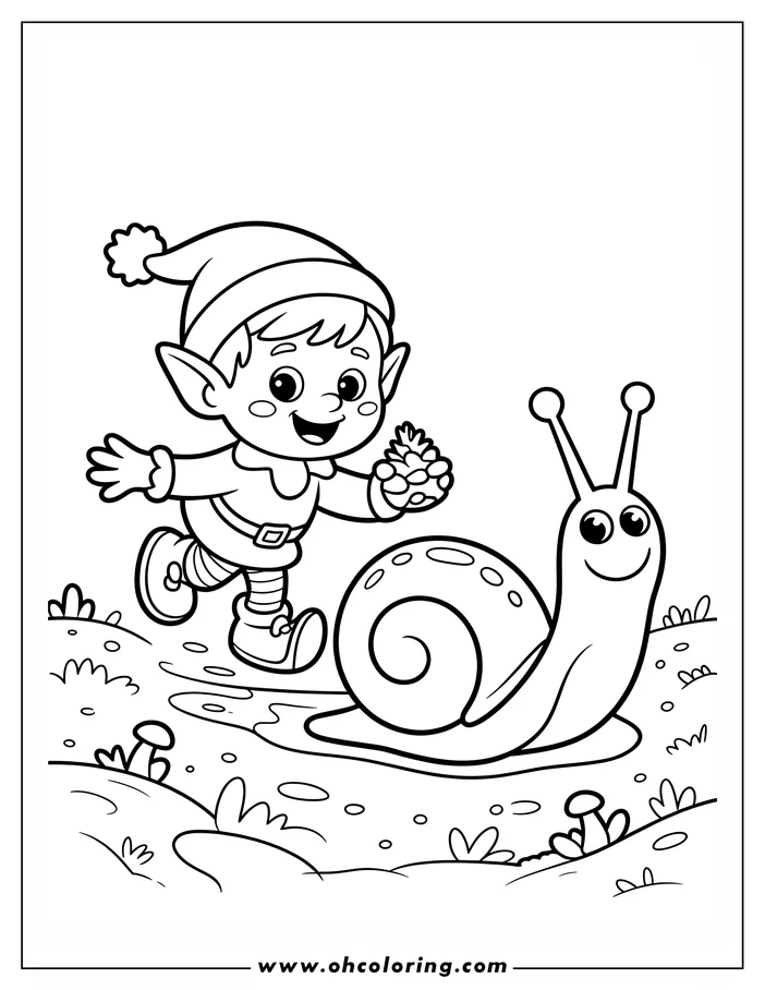 Christmas elf walking near a snail, holding a pinecone